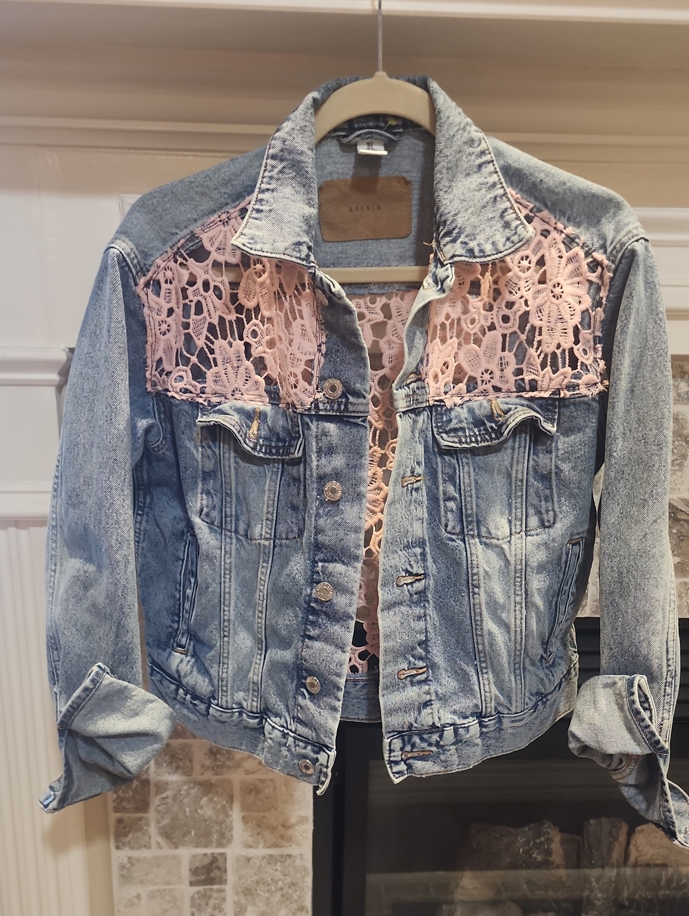 LOFT Light-Wash Denim Jacket with Pink Lace Insets Upcycled